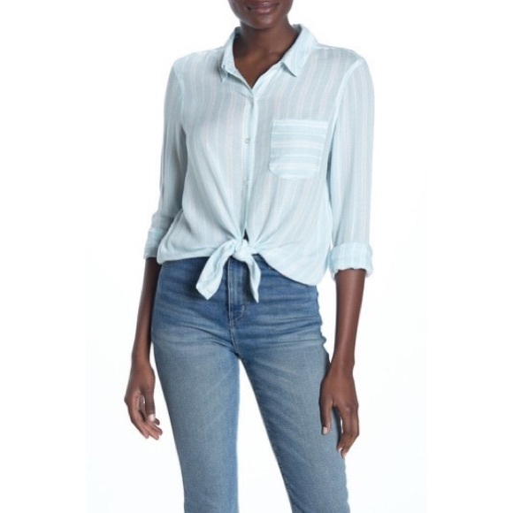 Abound Weekend Tie Front Button Down Shirt Light Blue Stripe Size Small NWOT - Picture 1 of 8